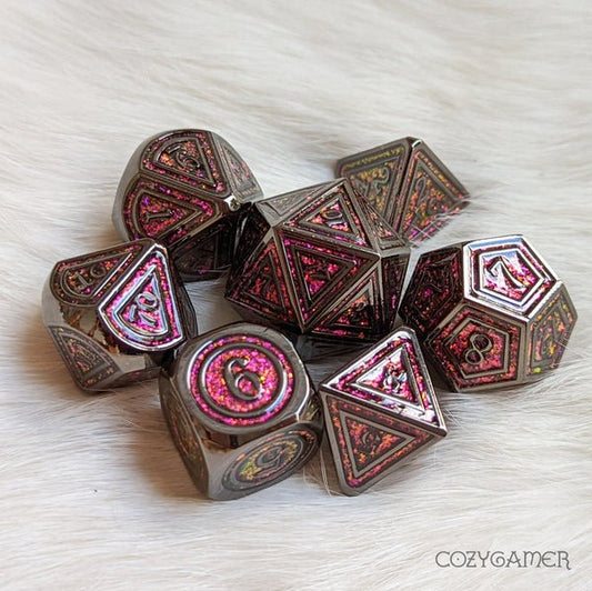 Rainbow Garnet Gate Metal Dice Set. Black Plated with Color Shifting Glitter - The Fourth Place