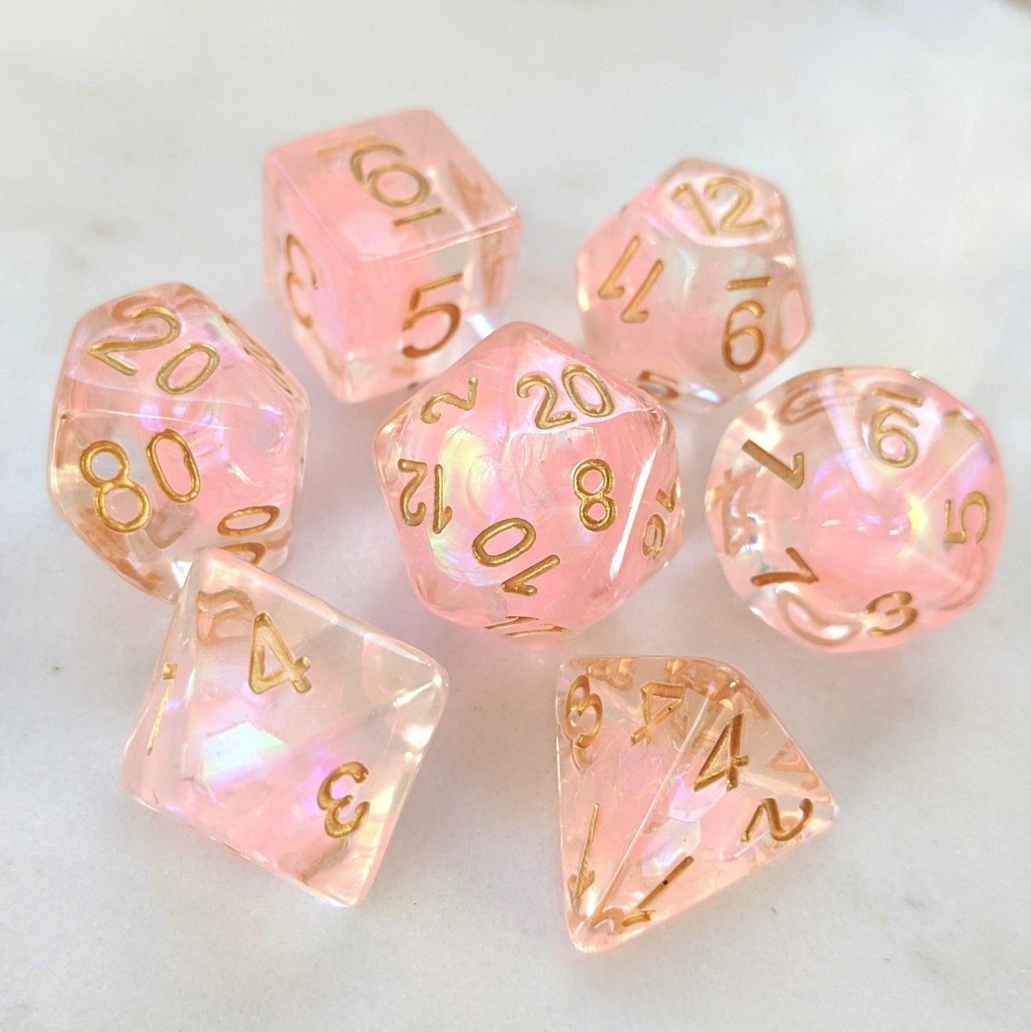 Rainbow Glint Dice - 7 Piece Set (Clear Resin with Pink Glitter) - The Fourth Place