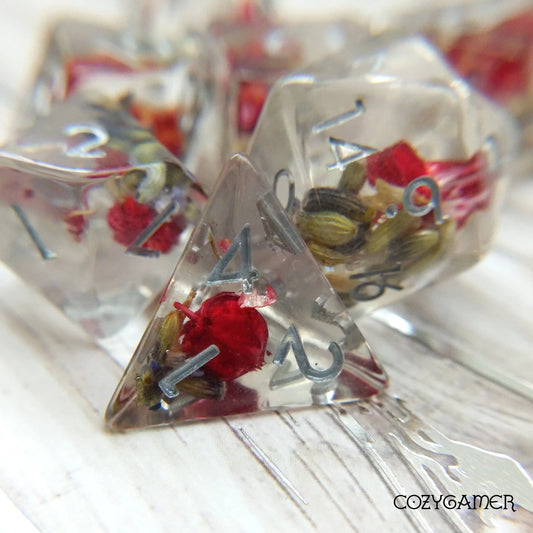 Red Flower and Lavender - 7 Dice Set (Real Dried Flower in Clear Resin) - The Fourth Place