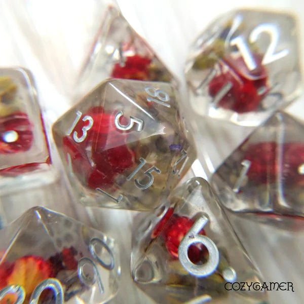Red Flower and Lavender Dice Set. Real Dried Flower in Clear Resin - The Fourth Place