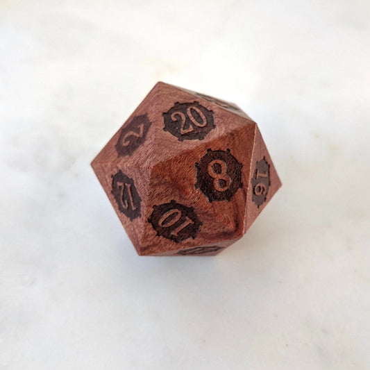 Rose Wood Steampunk Gears - Large Wooden D20 - The Fourth Place