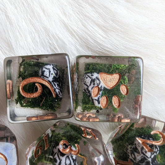 Runed Raven Skull and Moss Dice - 7 Piece Set - The Fourth Place