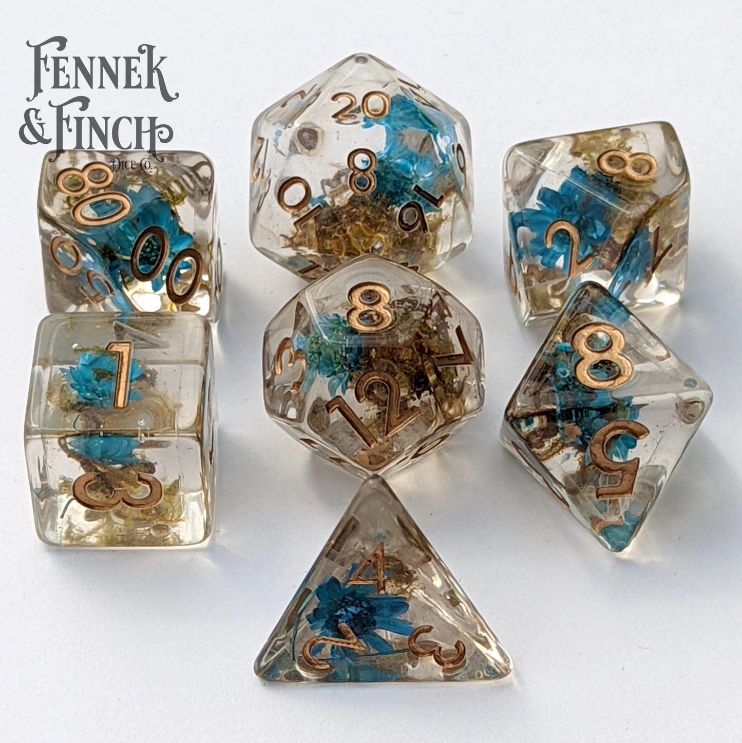 Tiny Blue Flowers and Moss - 7 Piece Dice Set - The Fourth Place