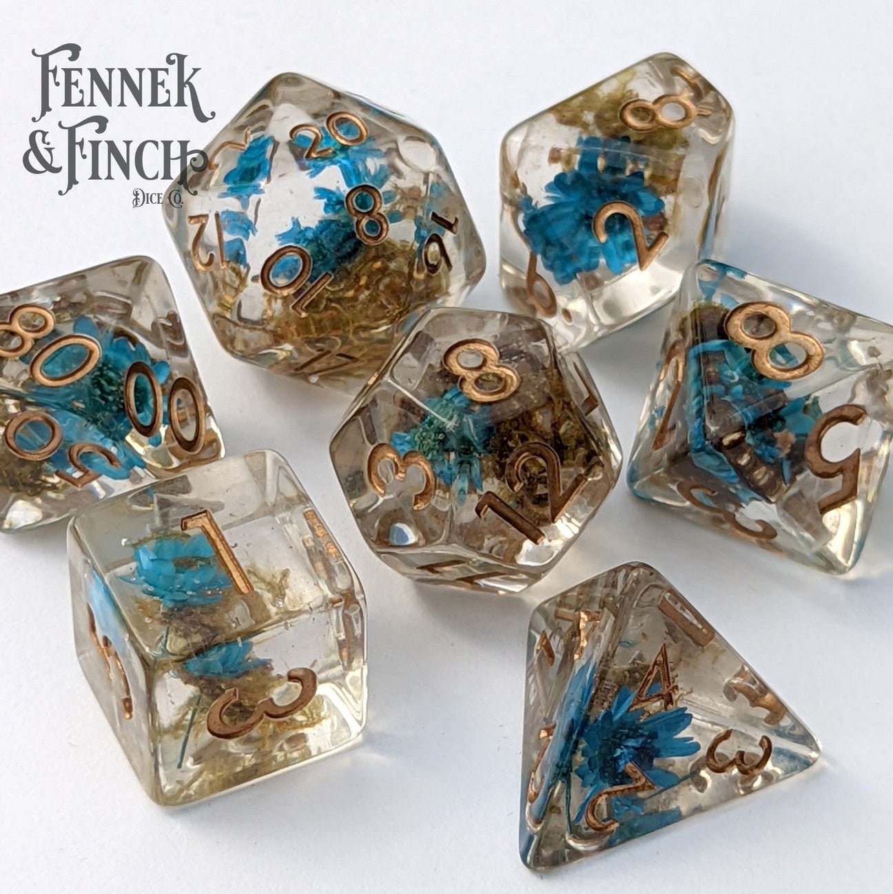 Tiny Blue Flowers and Moss (terrarium style) - 7 piece dice set - The Fourth Place