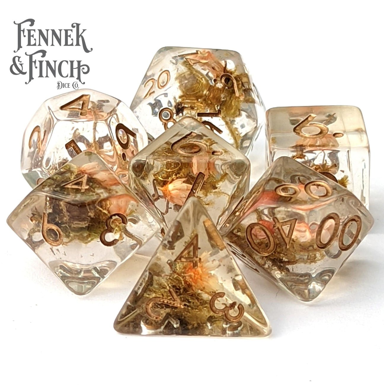 Tiny Orange Flowers and Moss DnD Dice Set - The Fourth Place