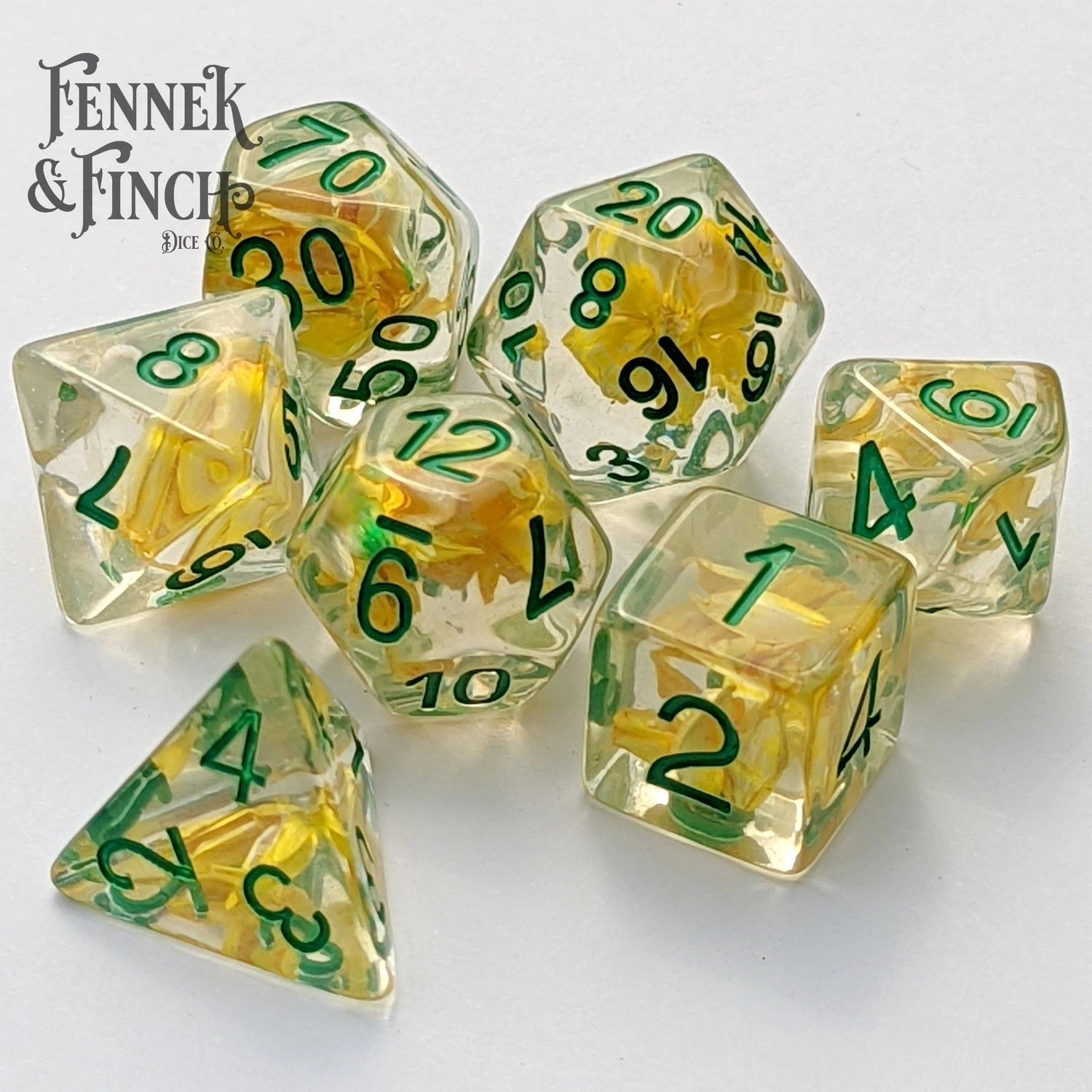 Wheat - 7 Dice Set (Golden Wheat with Green Font) - The Fourth Place