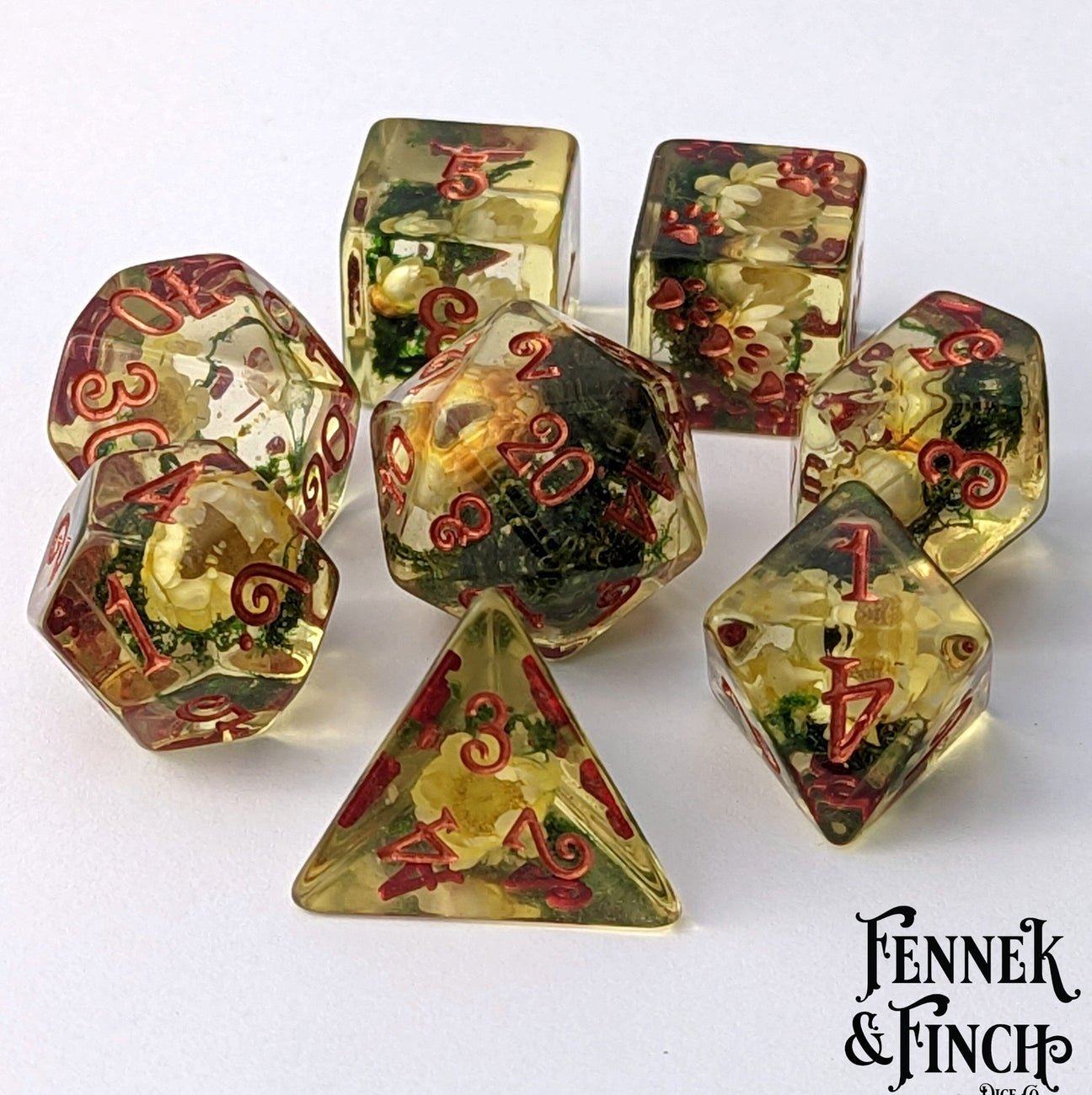 Yellow Flowers and Moss DnD Dice Set - The Fourth Place